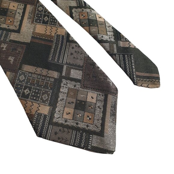 Marc Olivier Mod Geometric Patchwork Men Necktie Vintage Designer Jacquard Tan - Picture 2 of 5